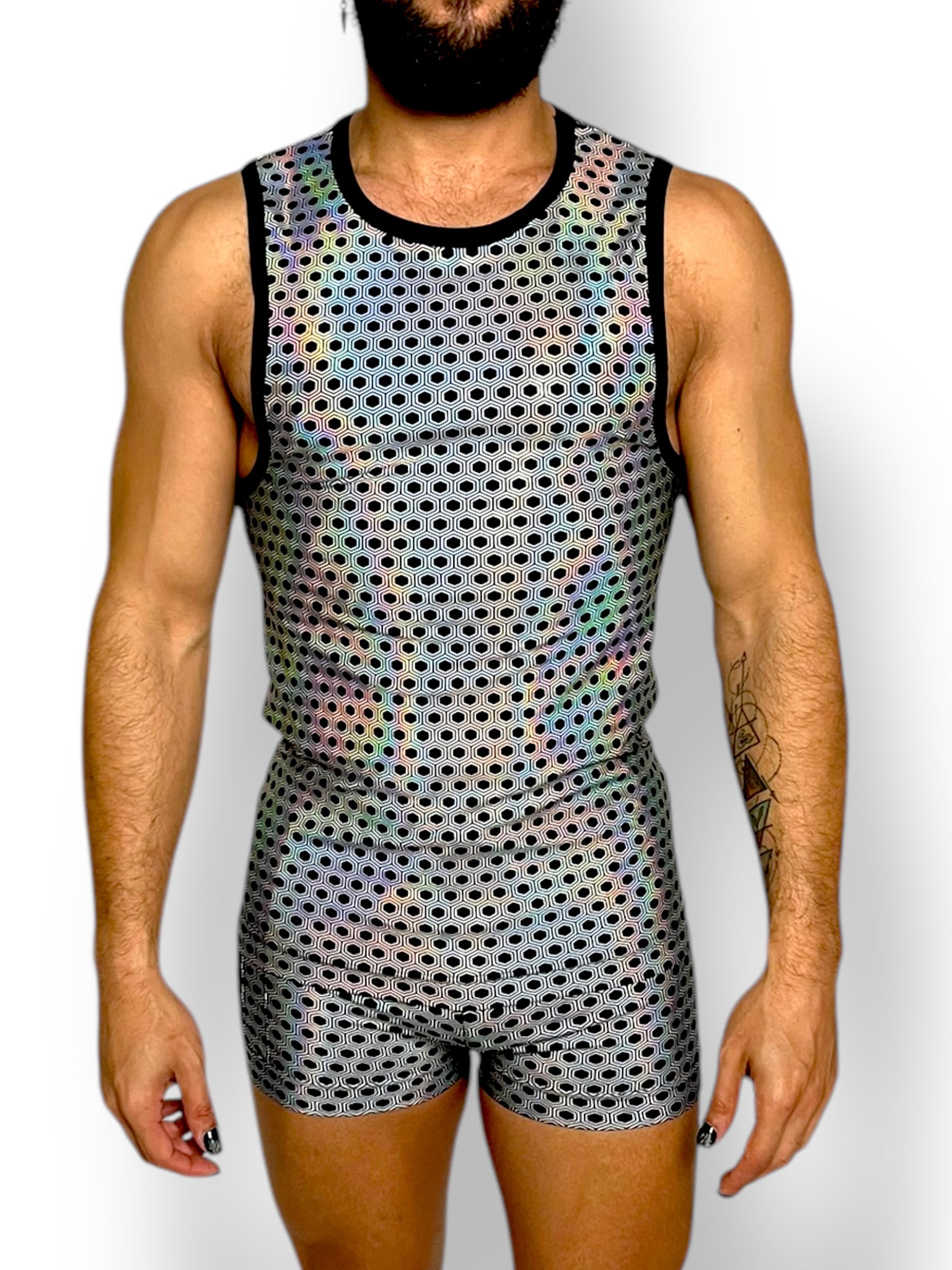 Holographic Psychedelic Print Fitted Tank and Zipper Short