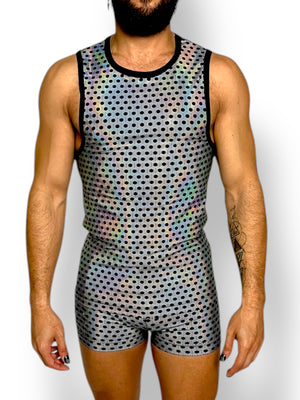 Holographic Psychedelic Print Fitted Tank and Zipper Short