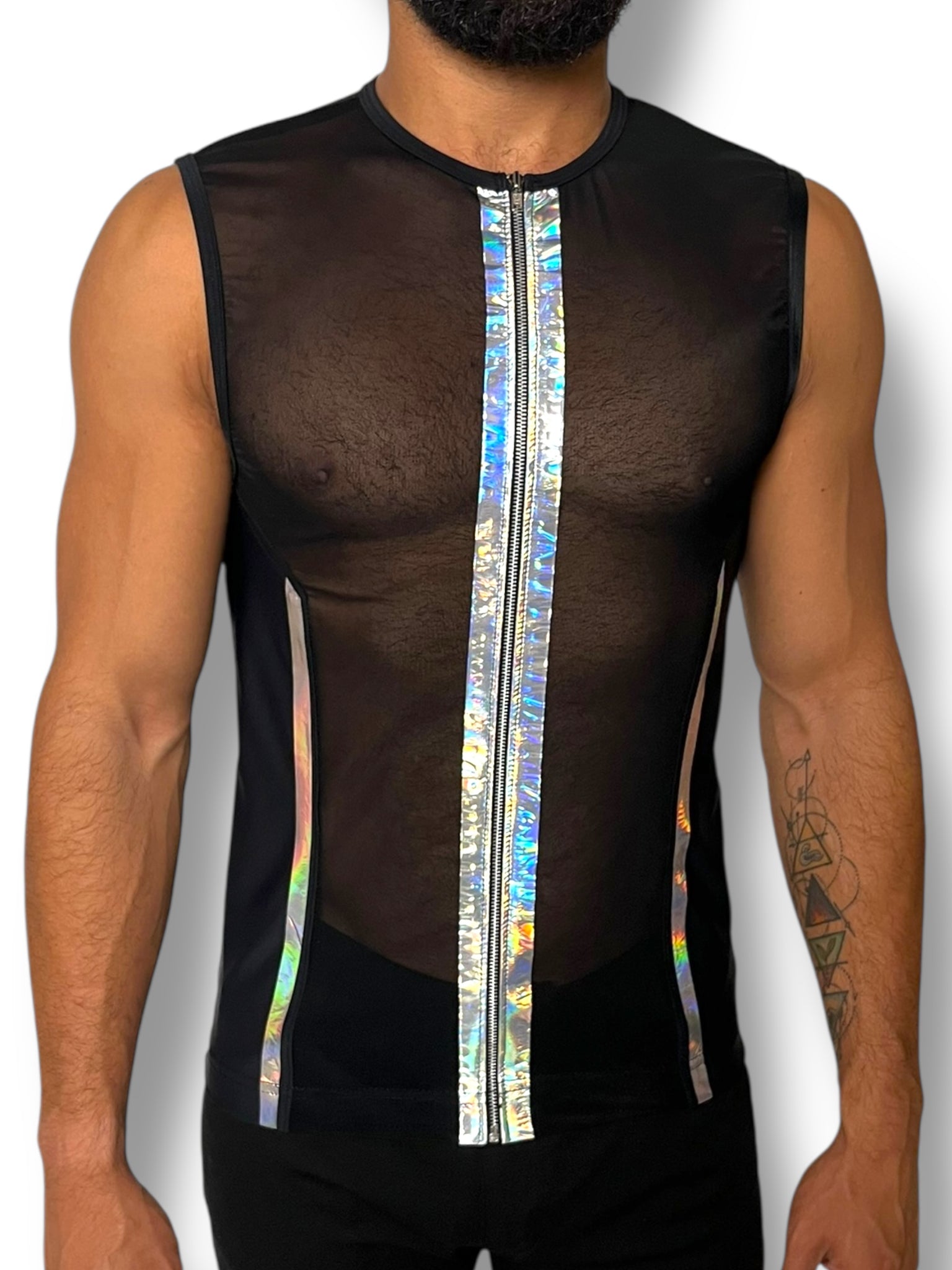 Holographic Space Stripe Mesh Stretch Zip Tank
