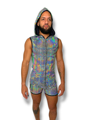 Holographic Fitted Hooded Zip Tank Set