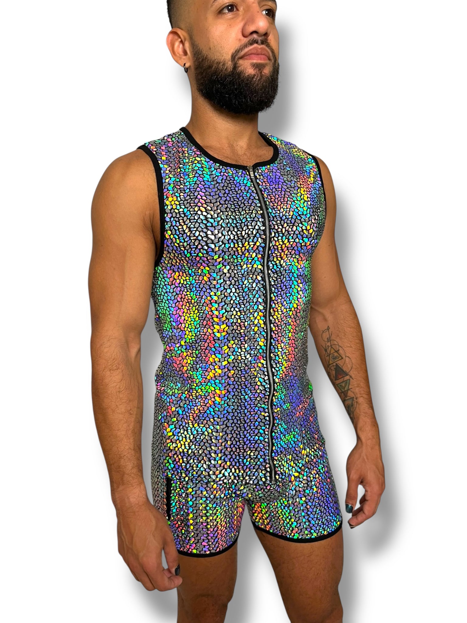 Mens Holographic Stretch Zip Fitted Tank Set