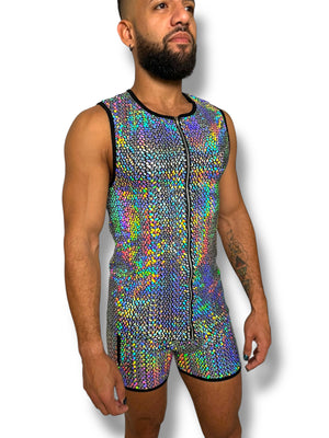 Mens Holographic Stretch Zip Fitted Tank Set
