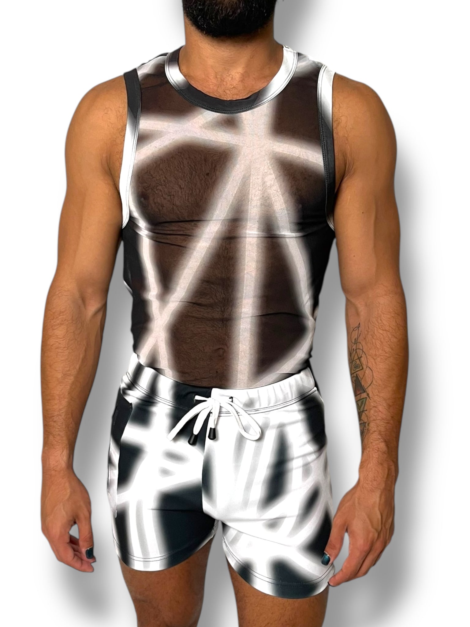 Black White Stretch Mesh Tank Short Set