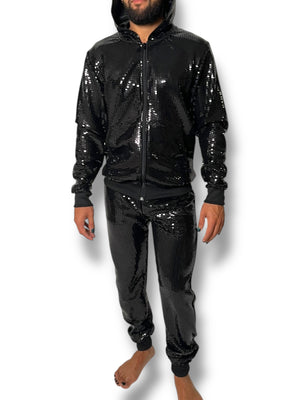 Black Sequin Stretch Hoodie Jogger Set