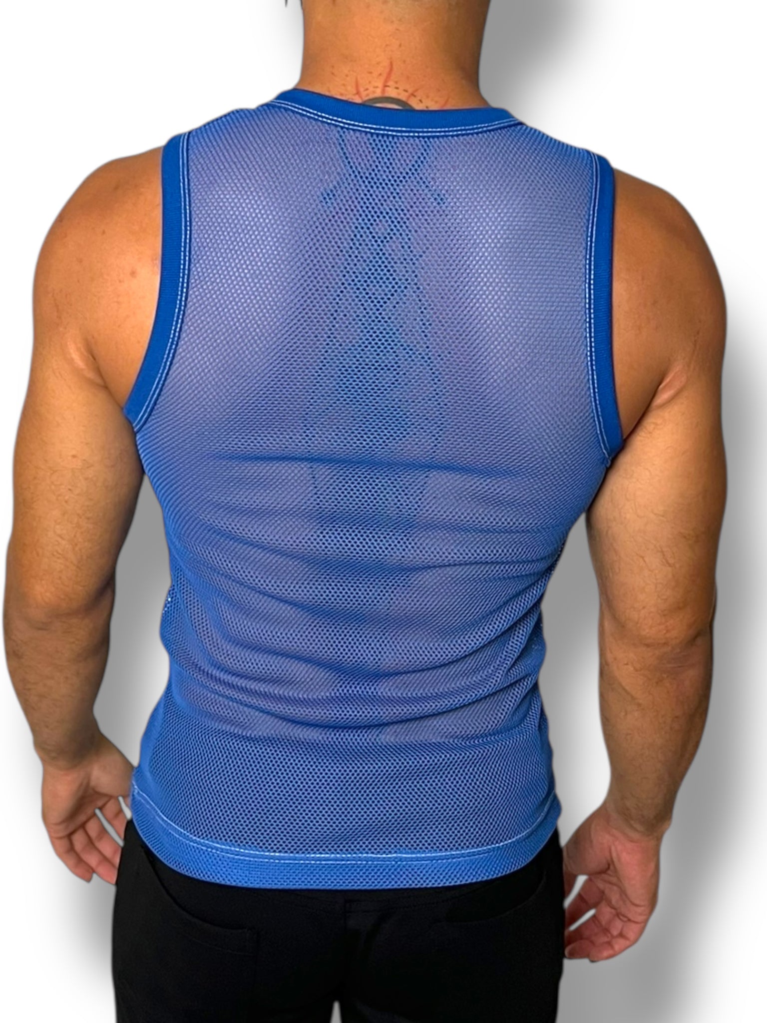 Blue Crochet Fitted Mens Tank Crop