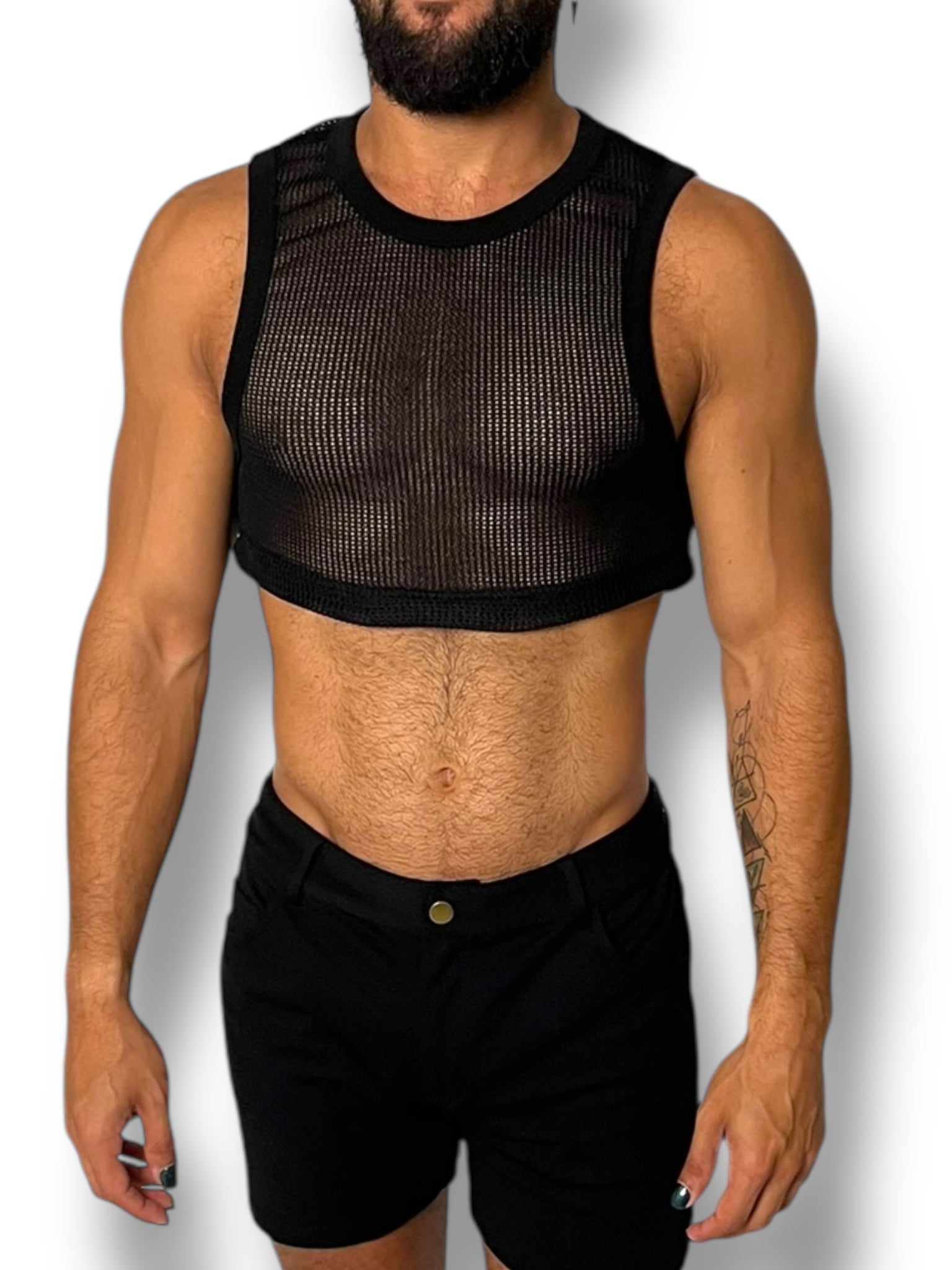 Black Crochet Fitted Mens Tank Crop