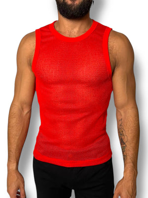 Red Crochet Fitted Mens Tank Crop