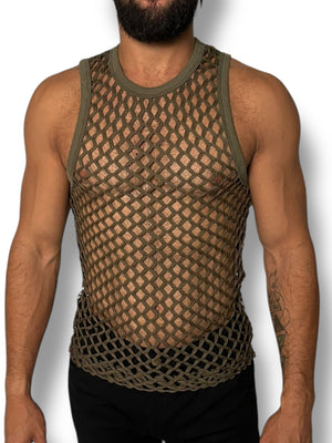 Green Fitted Fishnet Mens Tank