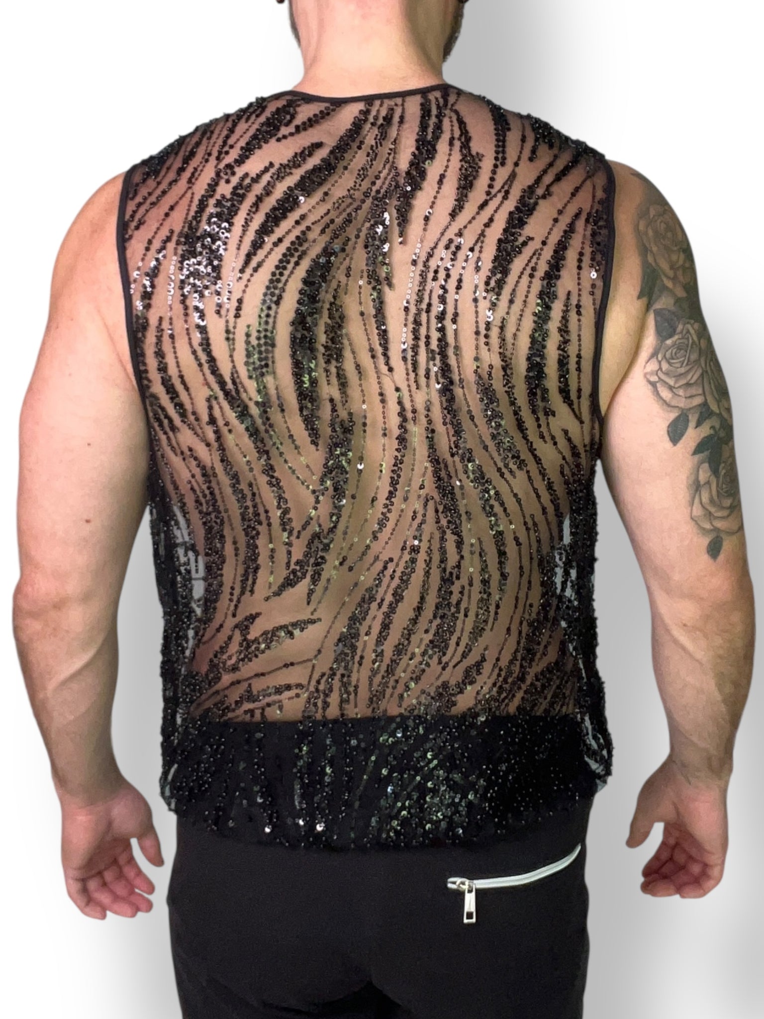 Beaded Unisex Zip Sleeveless Shirt Sheer
