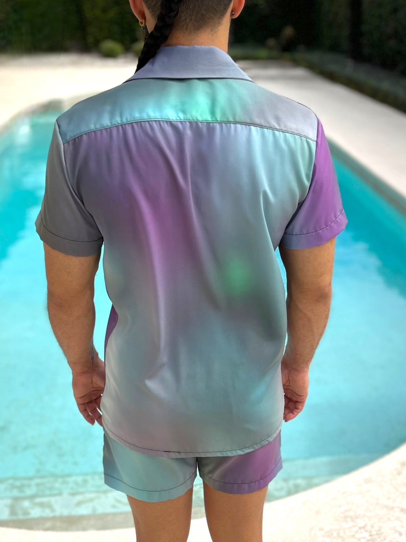 Mens Oil Slick Fitted Button Down Shorts Set Unique Pattern