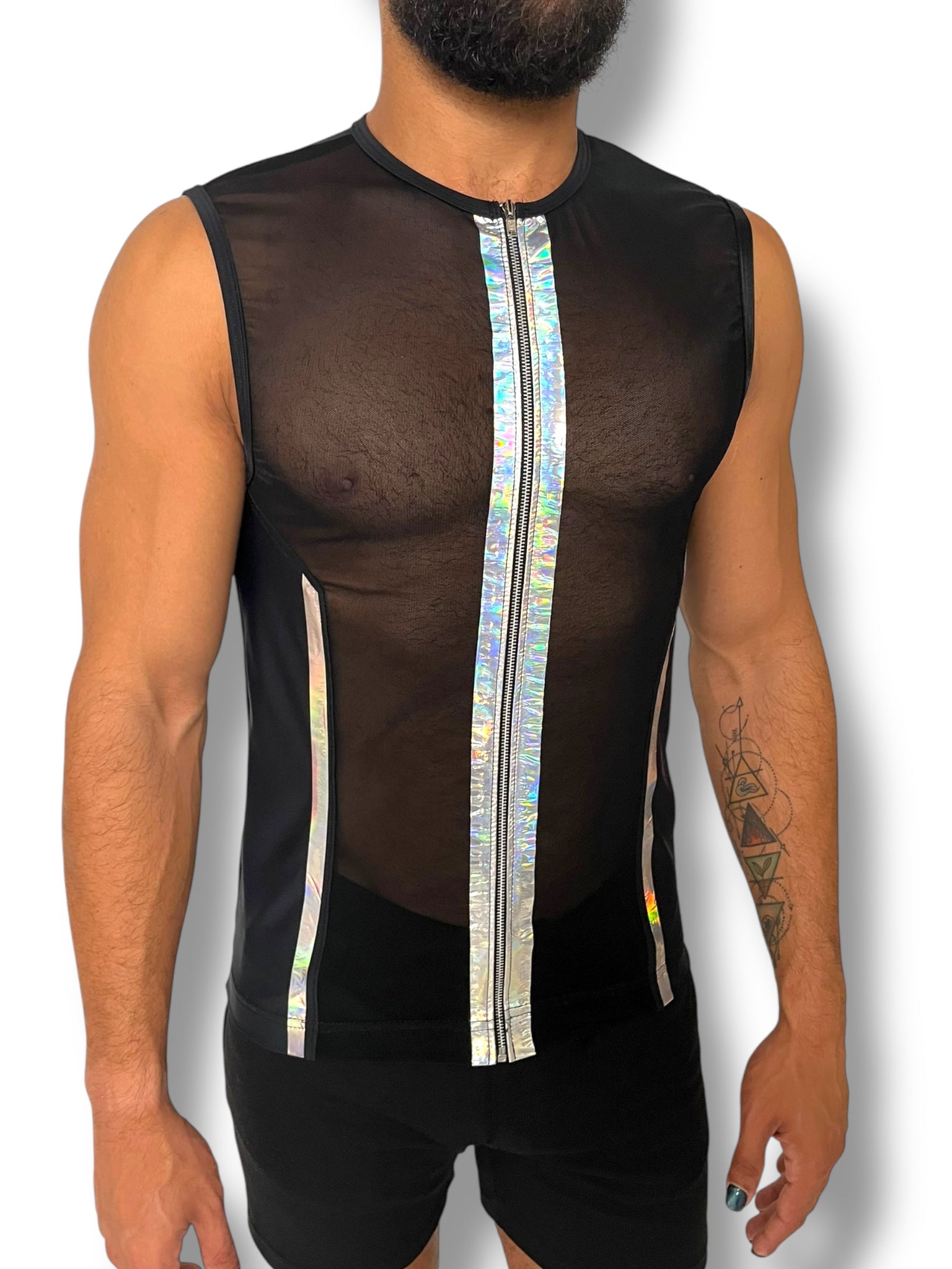 Holographic Space Stripe Mesh Stretch Zip Tank
