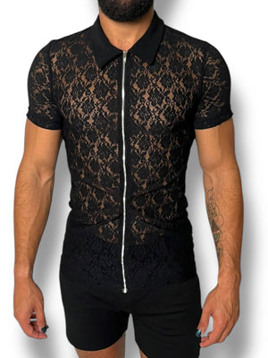 Mens Stretch Lace Zip Collared Shirt