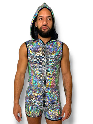 Holographic Fitted Hooded Zip Tank Set
