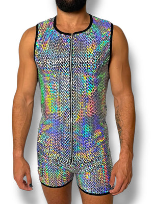 Mens Holographic Stretch Zip Fitted Tank Set