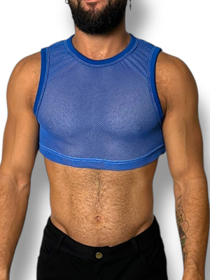 Blue Crochet Fitted Mens Tank Crop