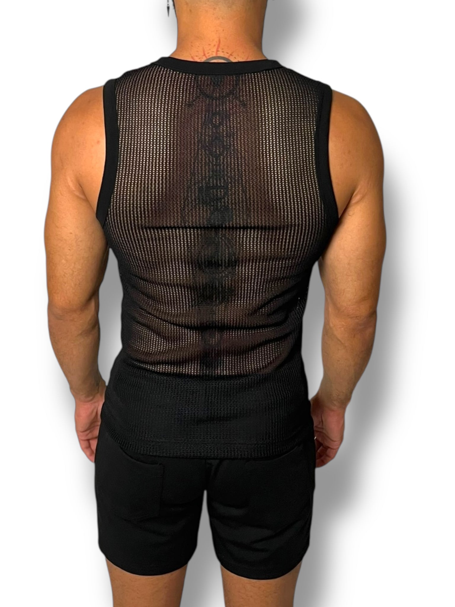 Black Crochet Fitted Mens Tank Crop