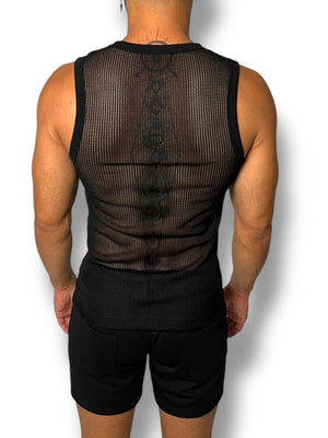 Black Crochet Fitted Mens Tank Crop