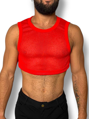 Red Crochet Fitted Mens Tank Crop