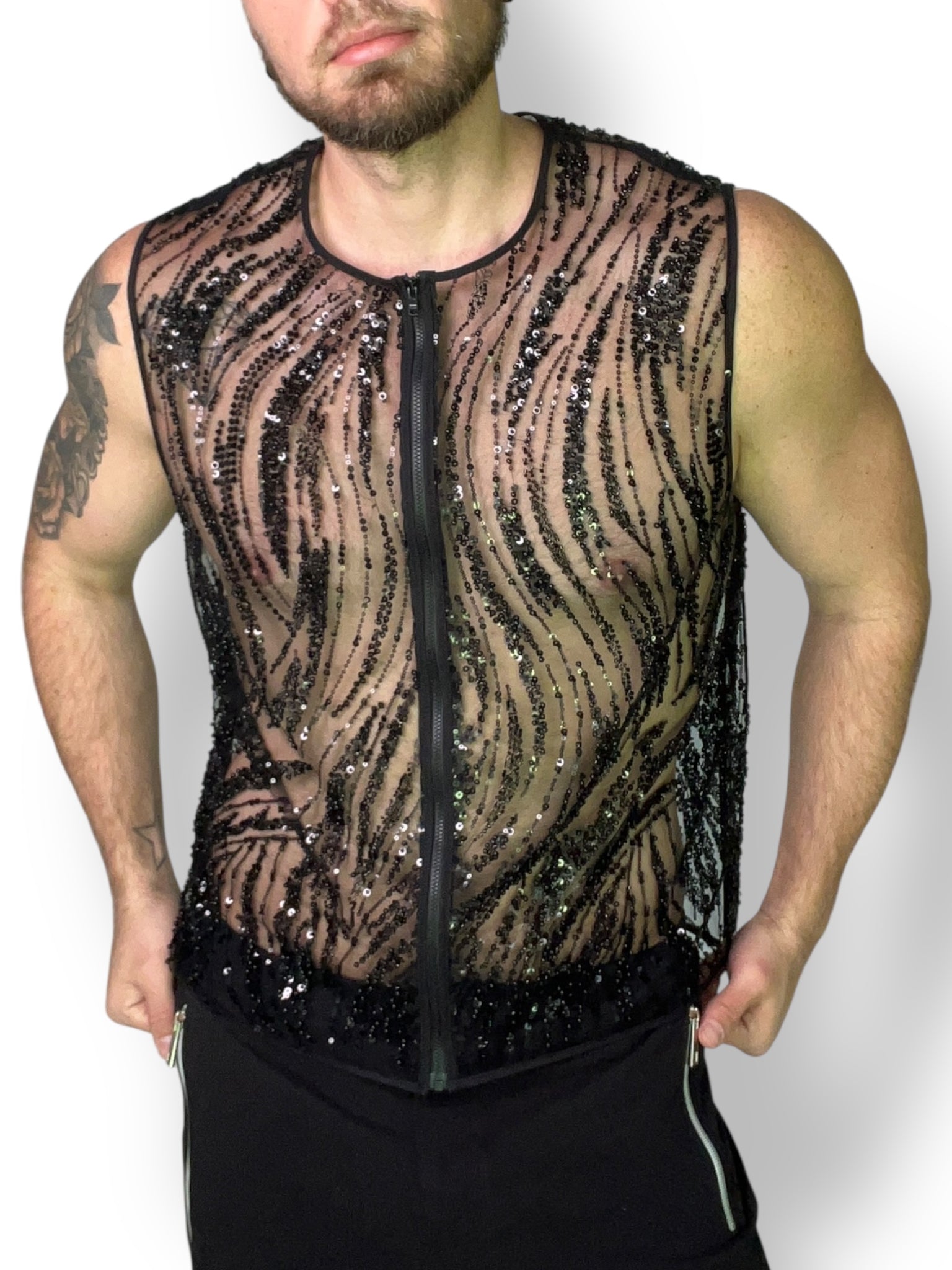 Beaded Unisex Zip Sleeveless Shirt Sheer