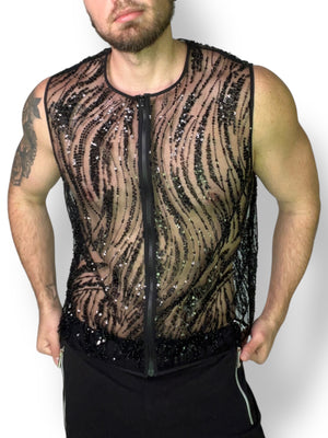 Beaded Unisex Zip Sleeveless Shirt Sheer