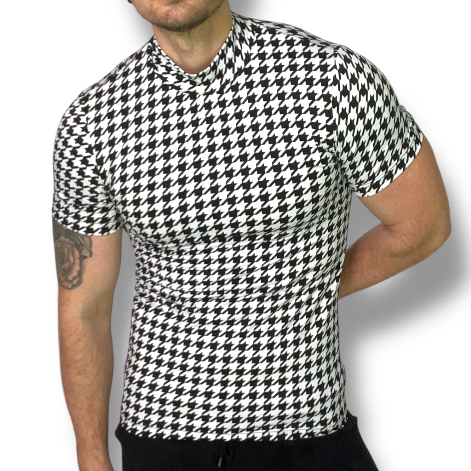 Houndstooth Fitted Mock Neck Tee