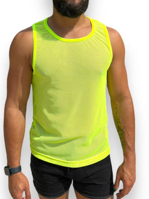 Mens Stretch Mesh See Through Sheer Black Neon Yellow Racer Back Tank