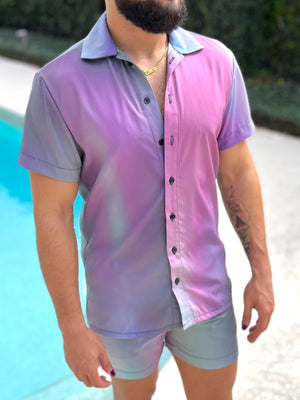 Mens Oil Slick Fitted Button Down Shorts Set Unique Pattern