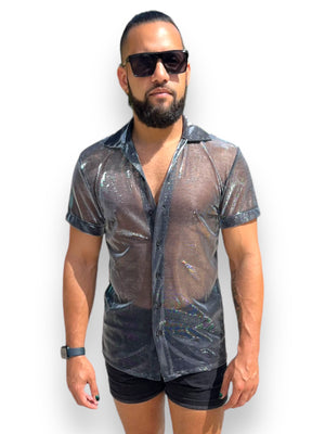 Sheer Metallic  Button Down Collar Shirt