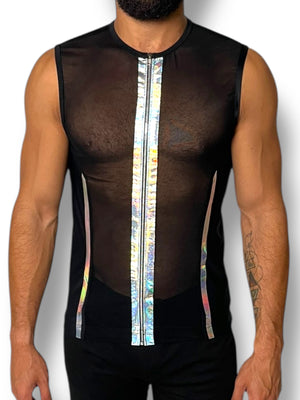 Holographic Space Stripe Mesh Stretch Zip Tank
