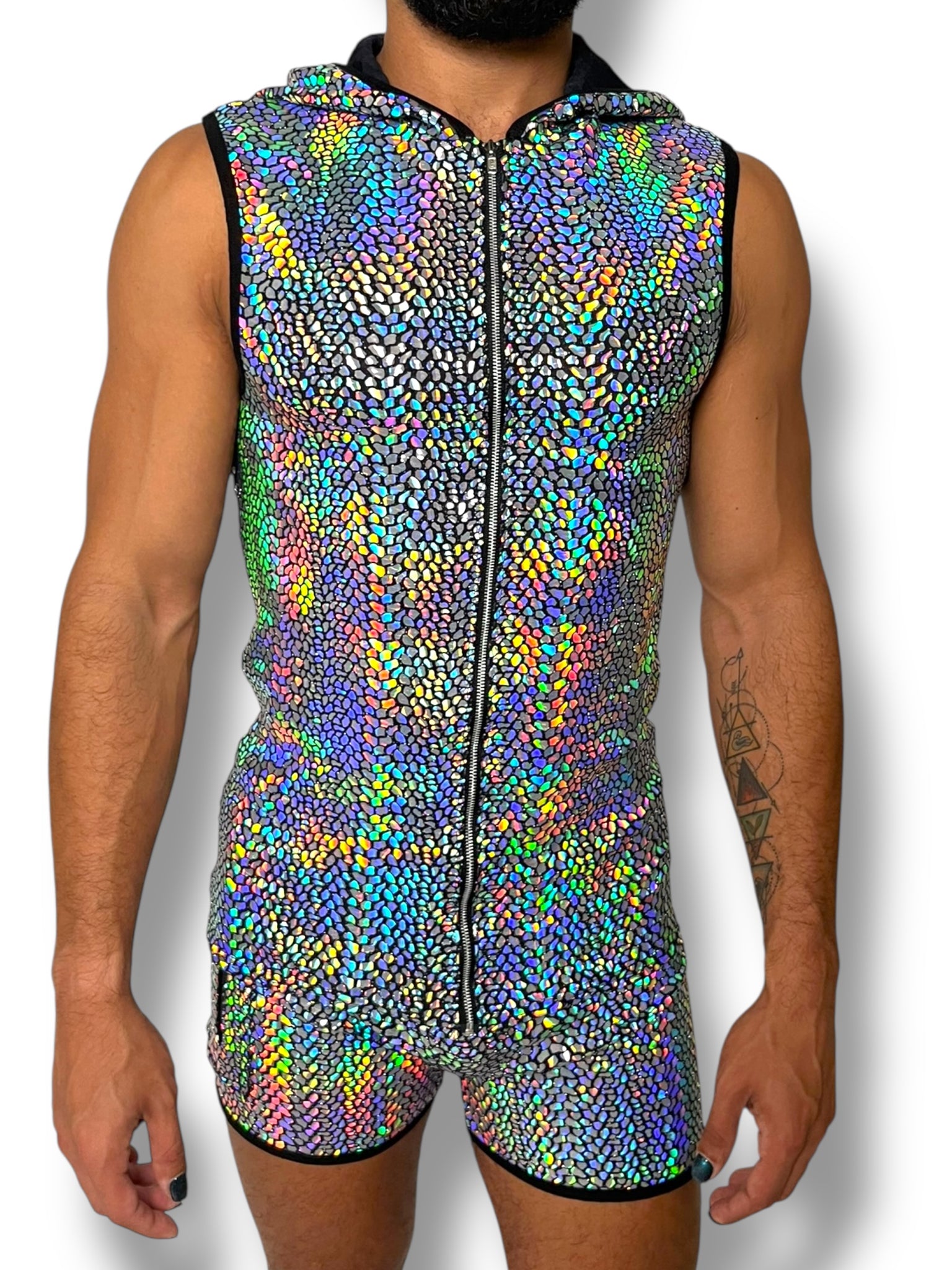 Holographic Fitted Hooded Zip Tank Set