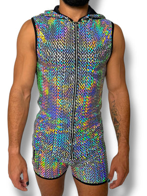 Holographic Fitted Hooded Zip Tank Set