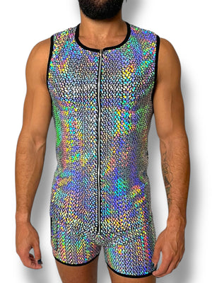 Mens Holographic Stretch Zip Fitted Tank Set