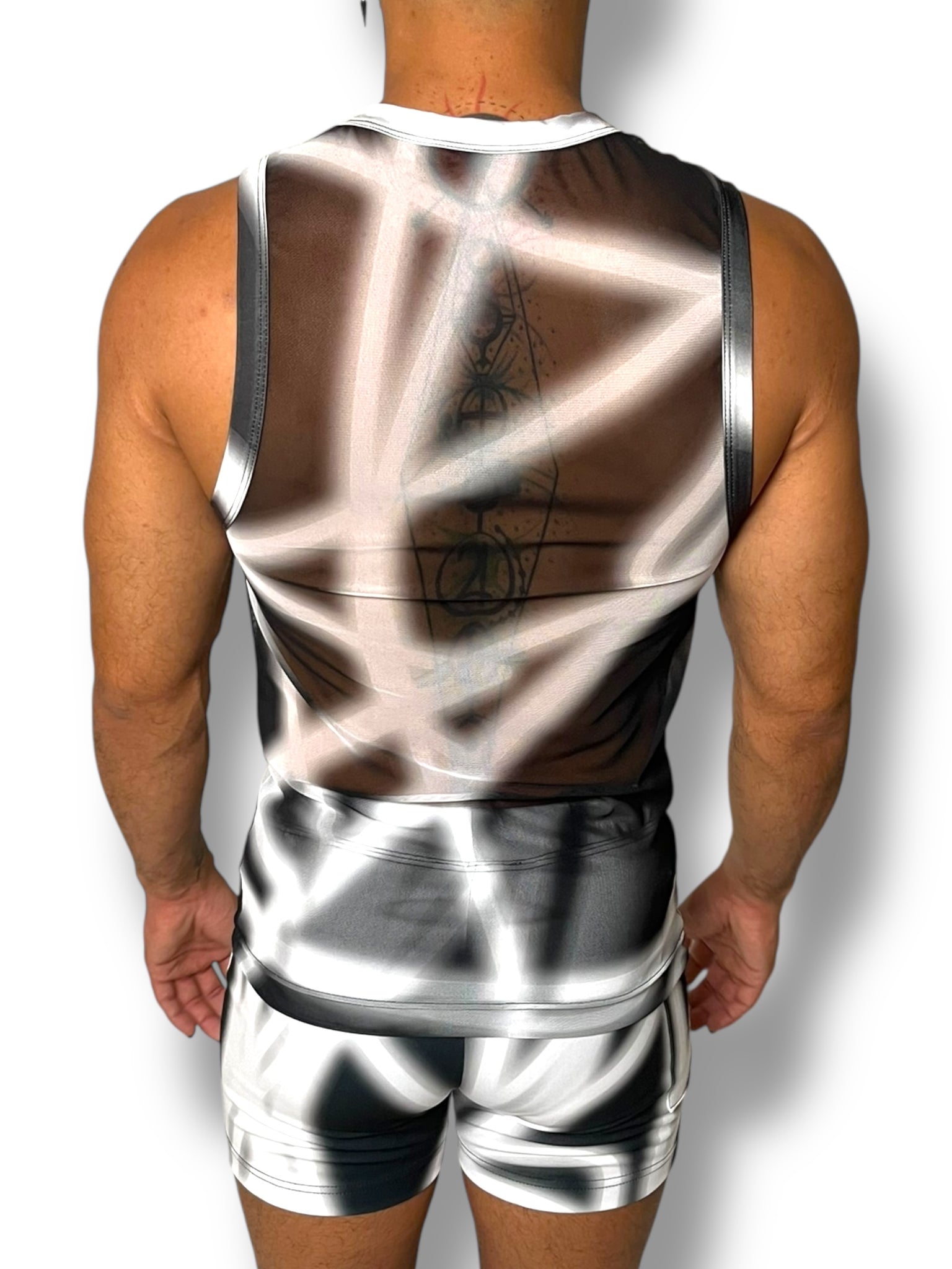 Black White Stretch Mesh Tank Short Set