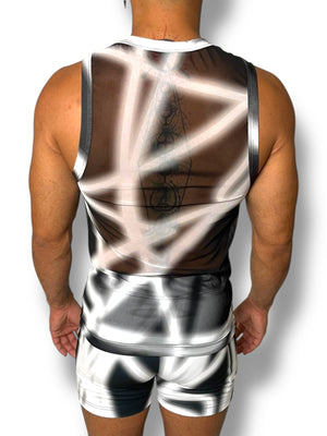 Black White Stretch Mesh Tank Short Set