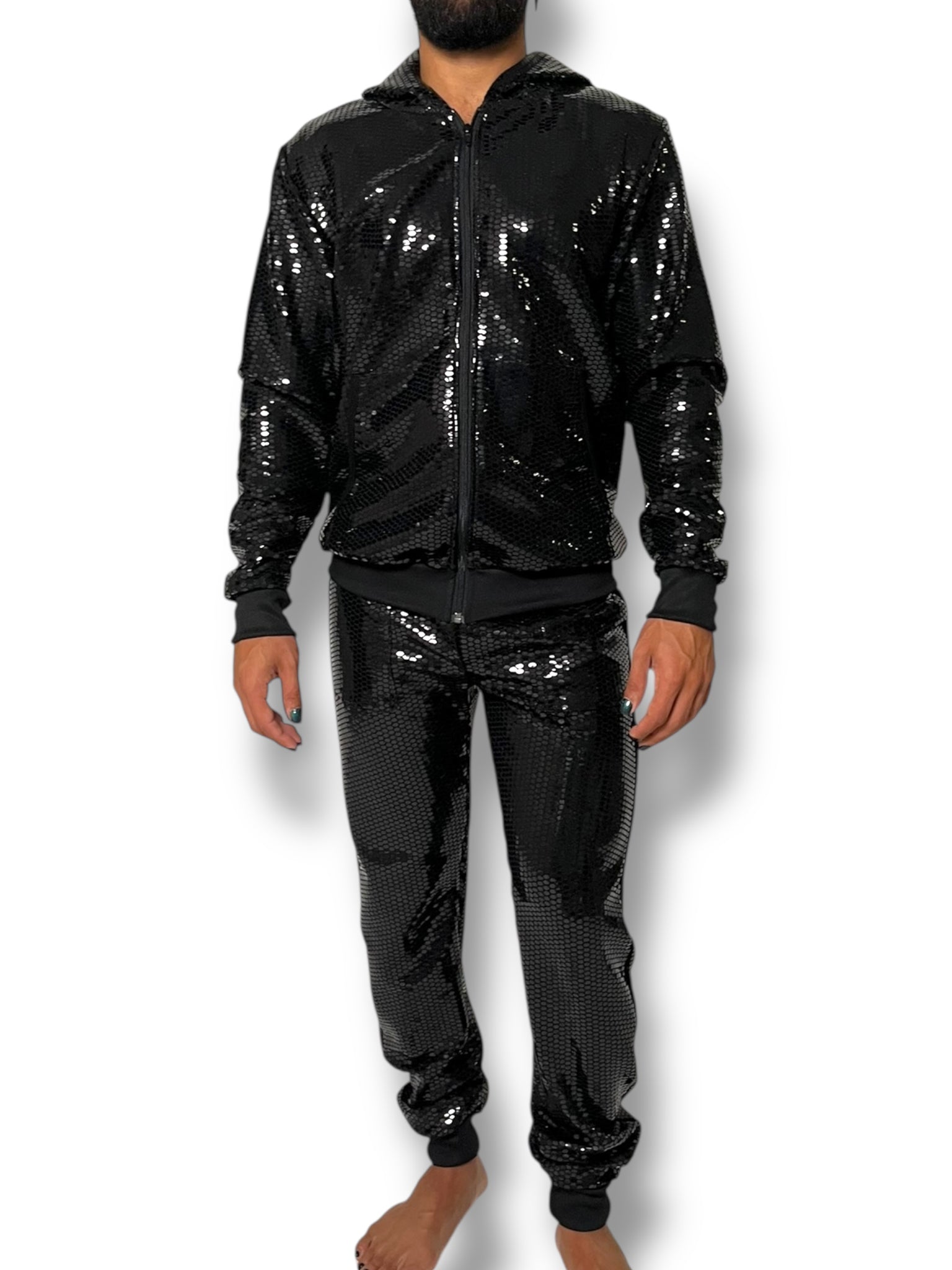 Black Sequin Stretch Hoodie Jogger Set