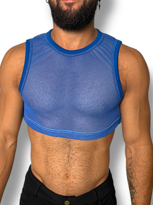 Blue Crochet Fitted Mens Tank Crop