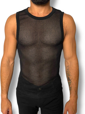 Black Crochet Fitted Mens Tank Crop