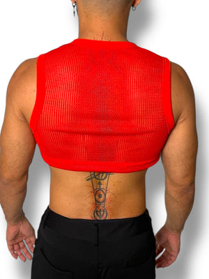 Red Crochet Fitted Mens Tank Crop