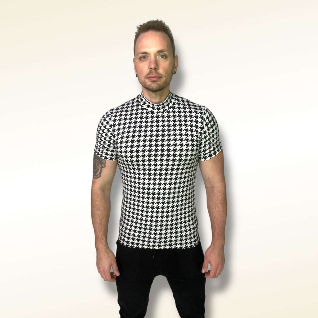 Houndstooth Fitted Mock Neck Tee