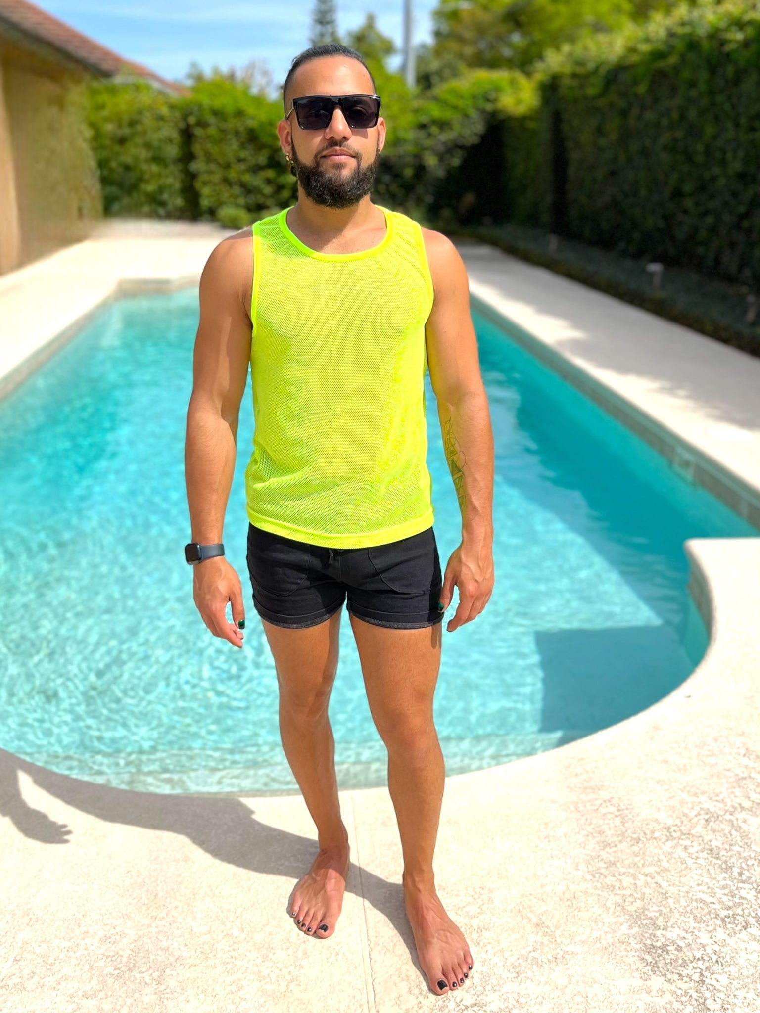 Mens Stretch Mesh See Through Sheer Black Neon Yellow Racer Back Tank