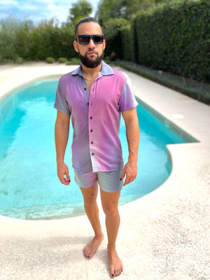 Mens Oil Slick Fitted Button Down Shorts Set Unique Pattern