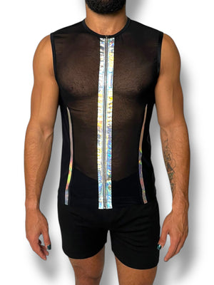 Holographic Space Stripe Mesh Stretch Zip Tank