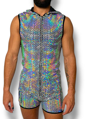Holographic Fitted Hooded Zip Tank Set