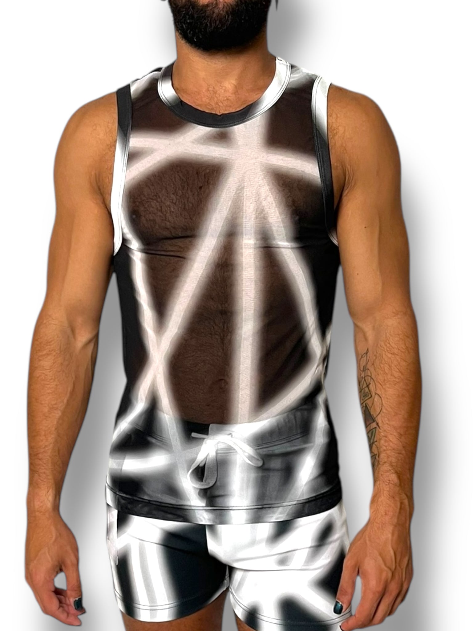 Black White Stretch Mesh Tank Short Set