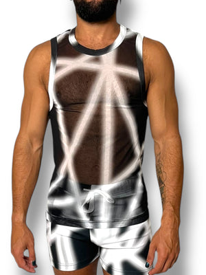Black White Stretch Mesh Tank Short Set
