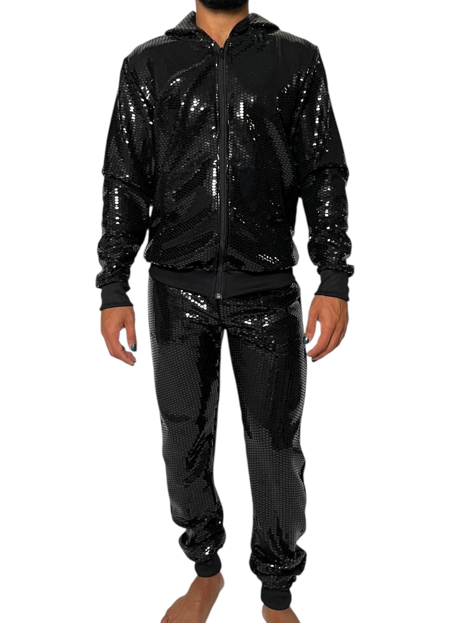 Black Sequin Stretch Hoodie Jogger Set
