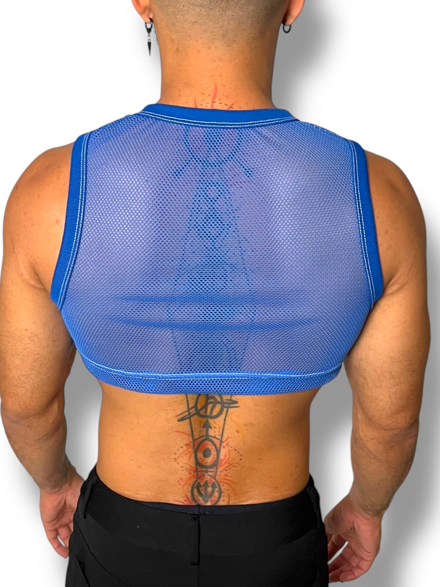 Blue Crochet Fitted Mens Tank Crop