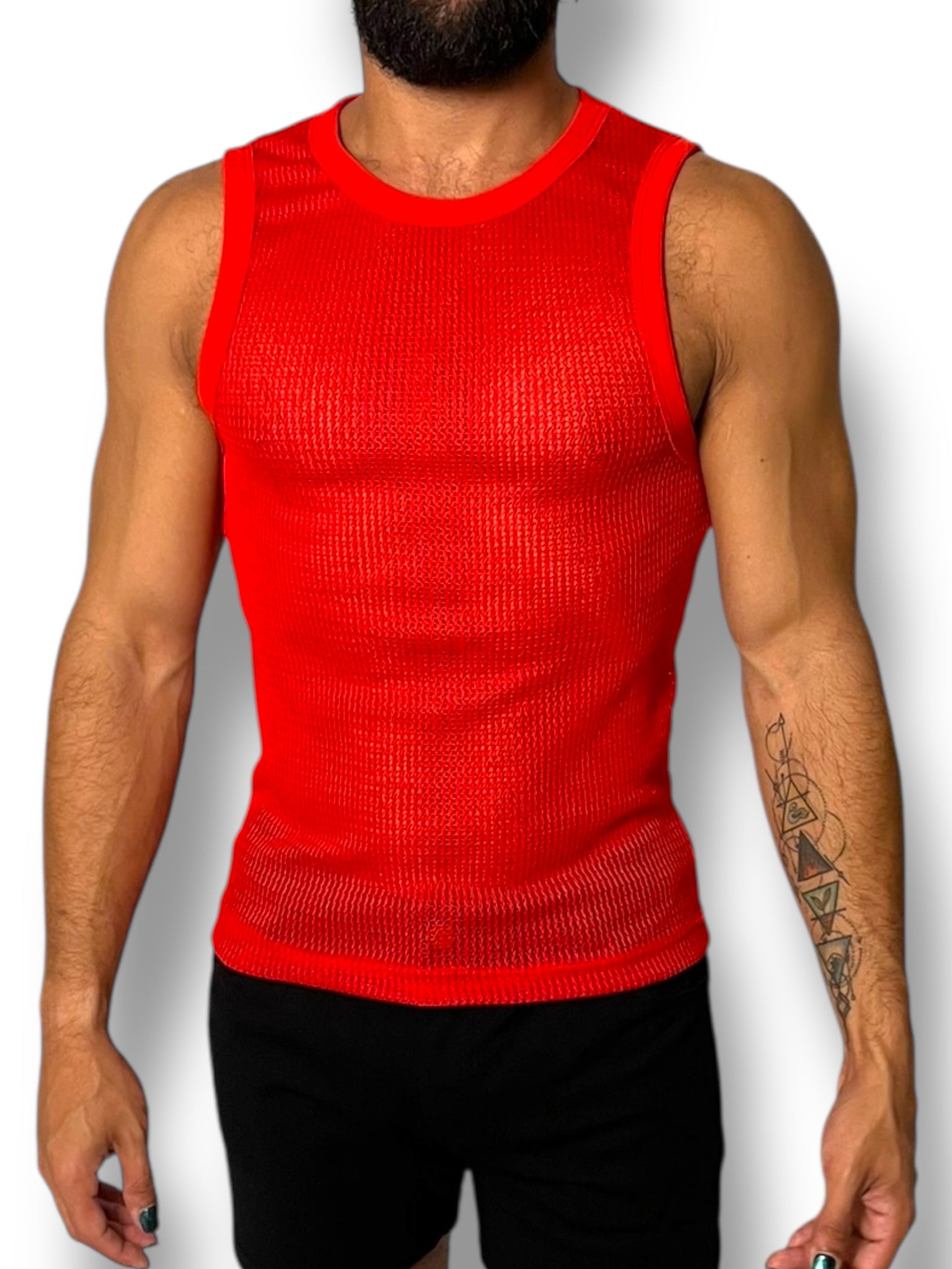 Red Crochet Fitted Mens Tank Crop