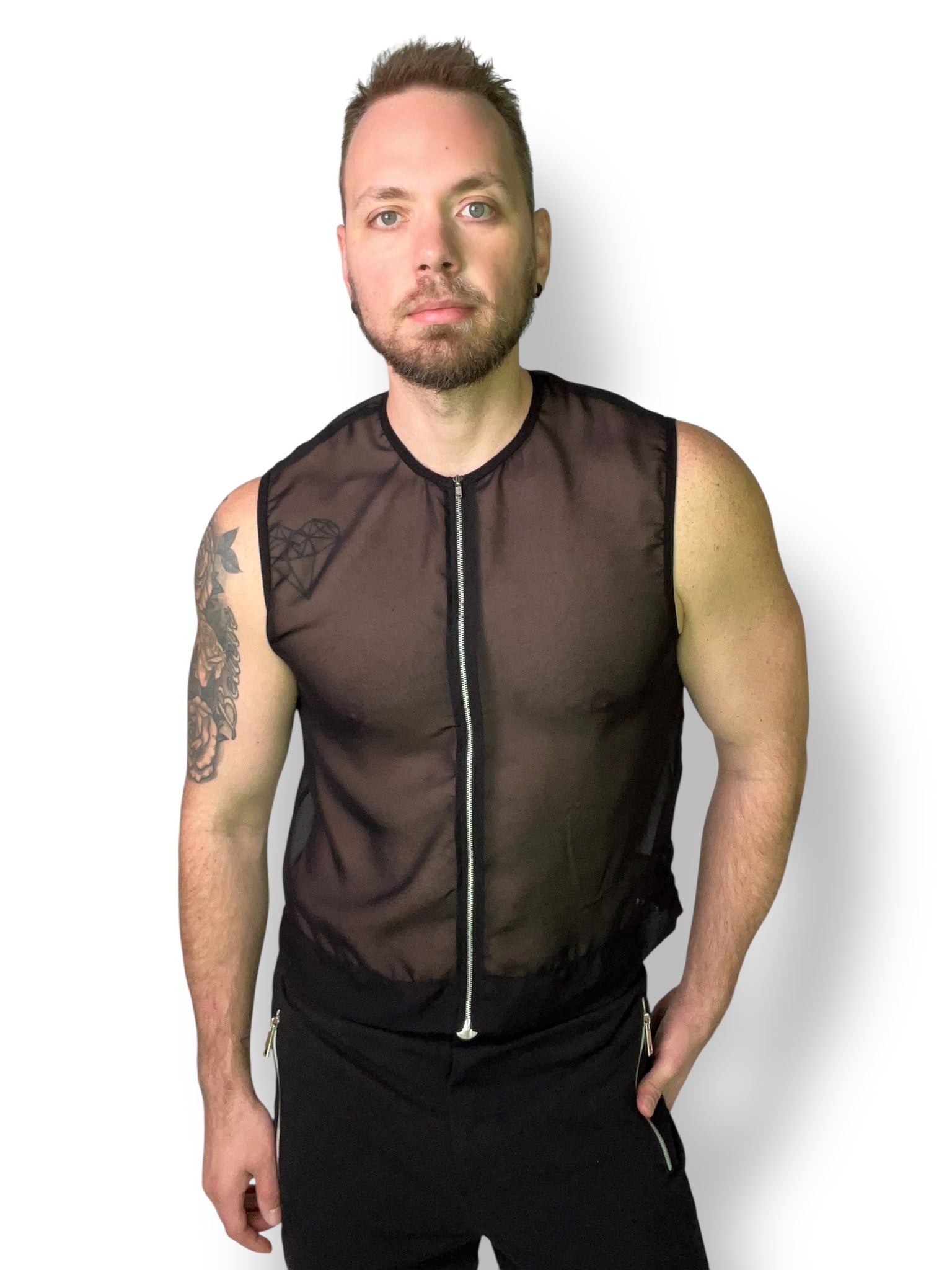 Chiffon Zip Crop Sleeveless Shirt Sheer