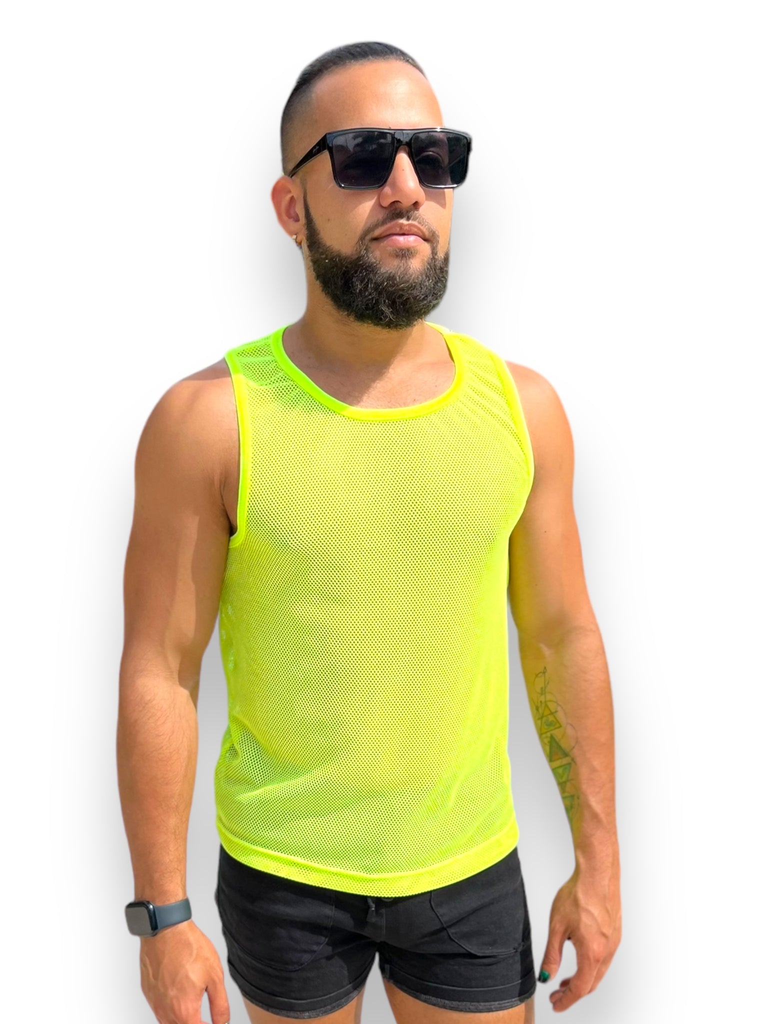 Mens Stretch Mesh See Through Sheer Black Neon Yellow Racer Back Tank